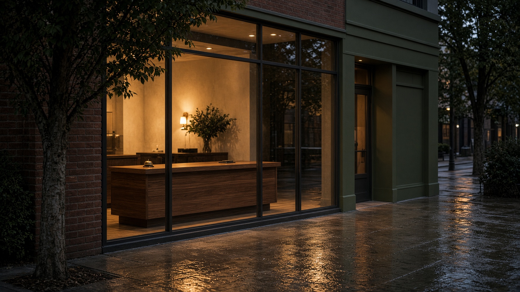 Local shop storefront at dusk